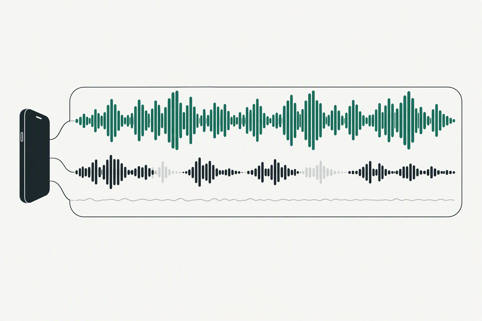 Three stacked audio tracks from one Reel: a loud green music track on top, a dark speech track below it with several stretches faded out where the music covers the voice