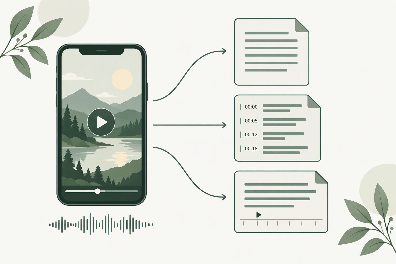 One vertical video on a phone fanning out along three arrows into three differently shaped text files: plain lines, lines with timecodes, and lines over a timeline rail